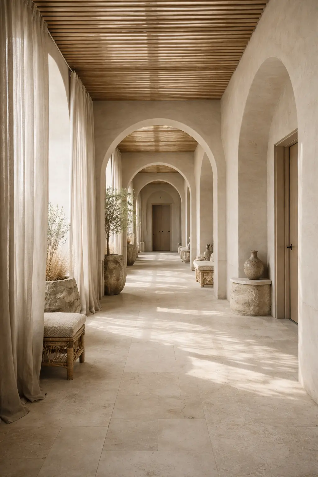 Sunlit boutique hotel corridor interior