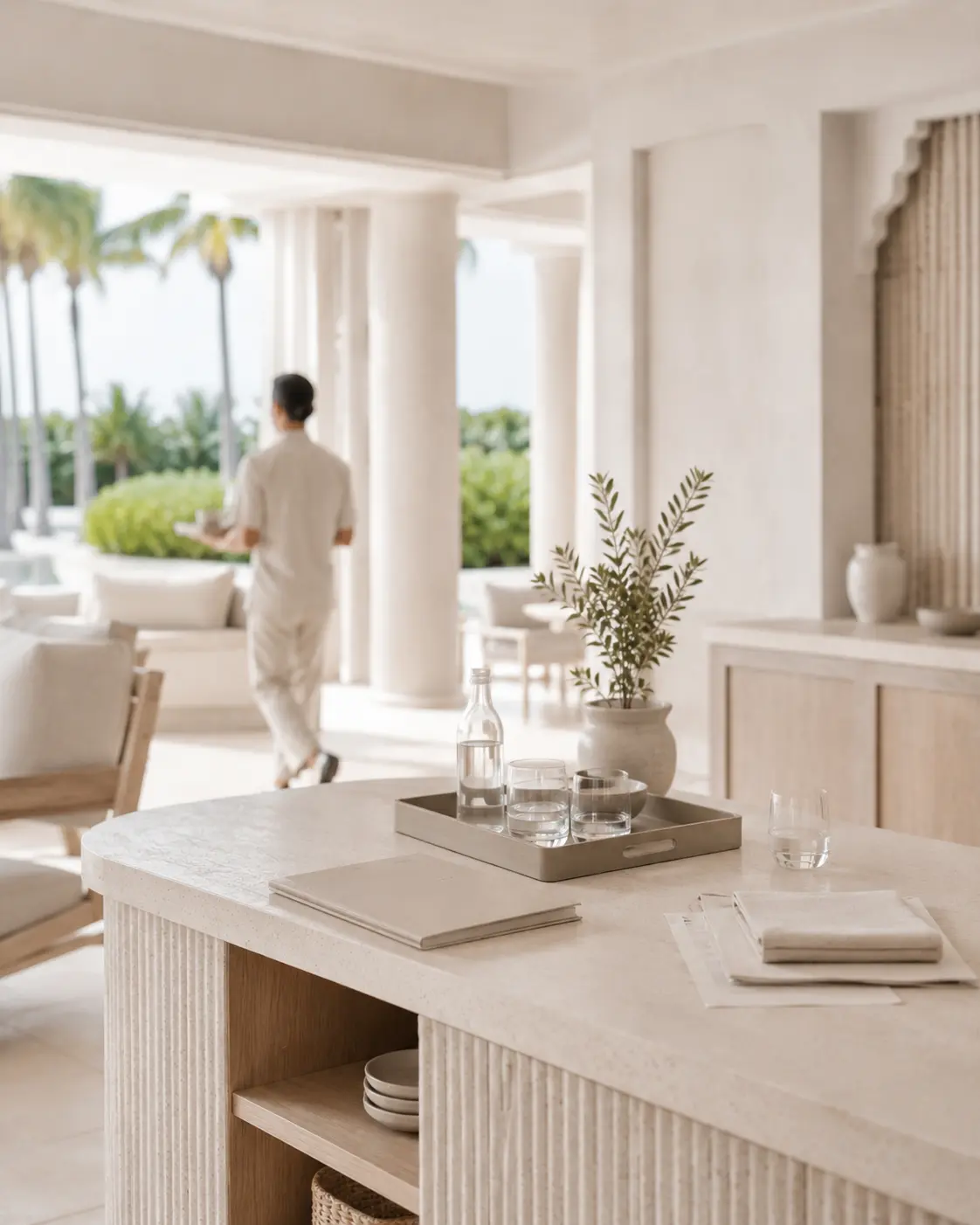 Calm luxury hospitality environment prepared with precision before guest service, reflecting the operational discipline, attention to detail, and consistency that support exceptional guest experiences.