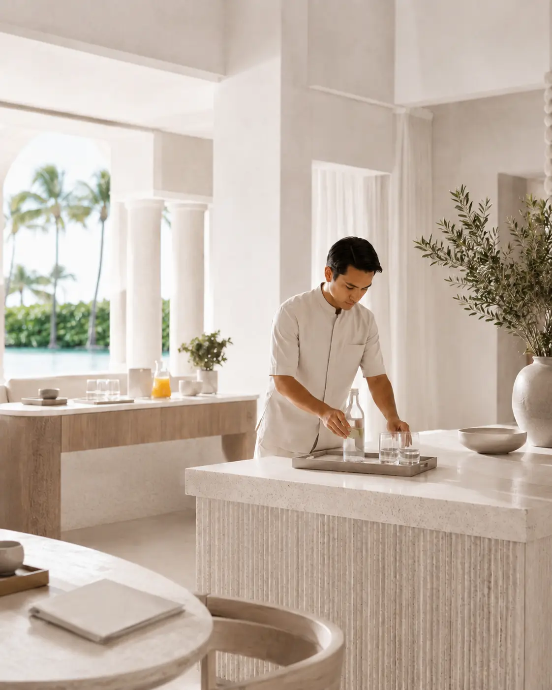 Luxury hospitality team member preparing a guest area in an ultra-luxury resort, reflecting the attention to detail, consistency, and service standards that shape exceptional guest experiences.