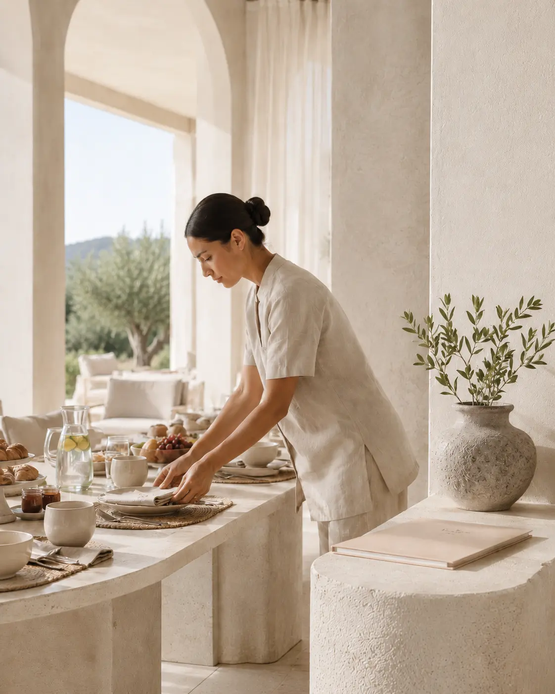 Hospitality professional carefully preparing a luxury dining setting, illustrating how brand standards are translated into consistent service delivery, attention to detail, and guest experience execution.