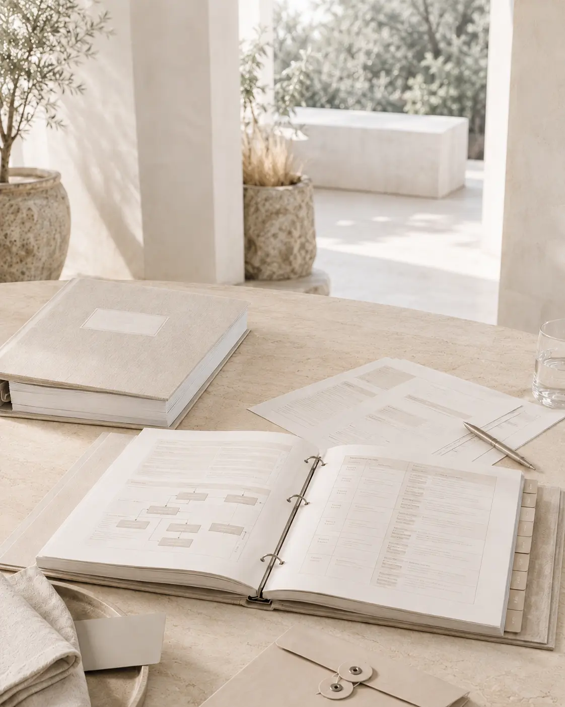 Hospitality standards documentation and operational procedures under review in a luxury hospitality setting, reflecting the evaluation, refinement, and implementation of practical service standards and SOPs.