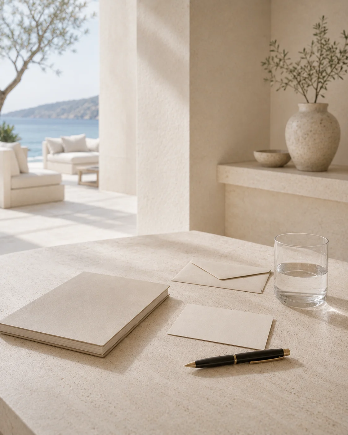 Elegant correspondence materials prepared in a luxury hospitality setting, reflecting direct access, discreet communication, and confidential advisory support for hospitality owners and executive leadership.
