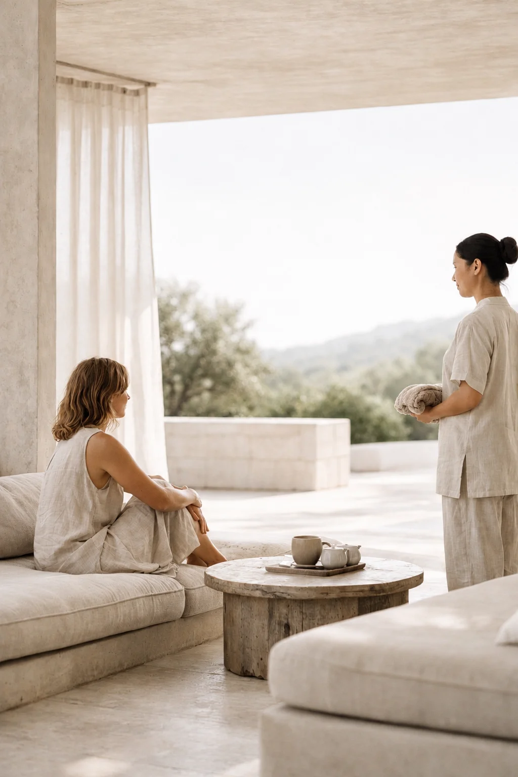 A quiet interaction between a guest and a hospitality team member in an ultra-luxury setting. The scene reflects the small, thoughtful moments that shape guest perception, build trust, and create a lasting sense of care, comfort, and belonging.