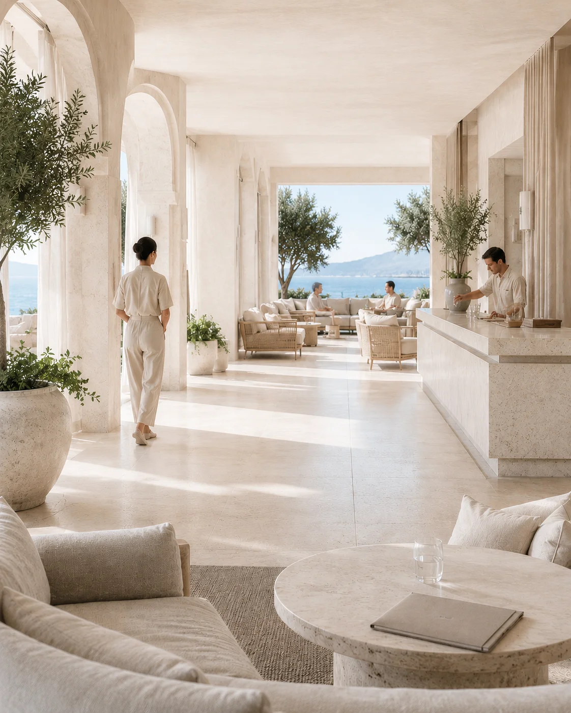 Luxury hospitality operation viewed across multiple guest and staff touchpoints within a single environment. The scene illustrates the increasing complexity of service delivery, departmental coordination, communication flow, and operational oversight as a property grows in scale and activity.