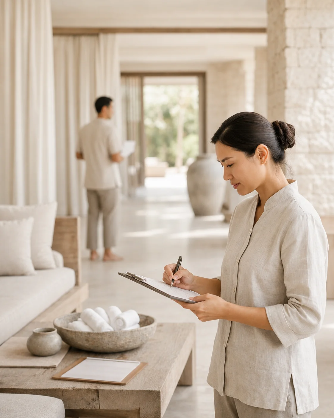 Hospitality professional reviewing implementation actions and operational follow-up tasks in a luxury hospitality environment, illustrating how improvements are monitored, embedded, and sustained over time.