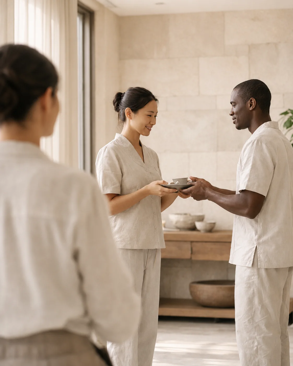 Hospitality team members practicing service interactions in a luxury hospitality environment, illustrating behavioural calibration, service consistency, and the development of confident guest-facing teams.