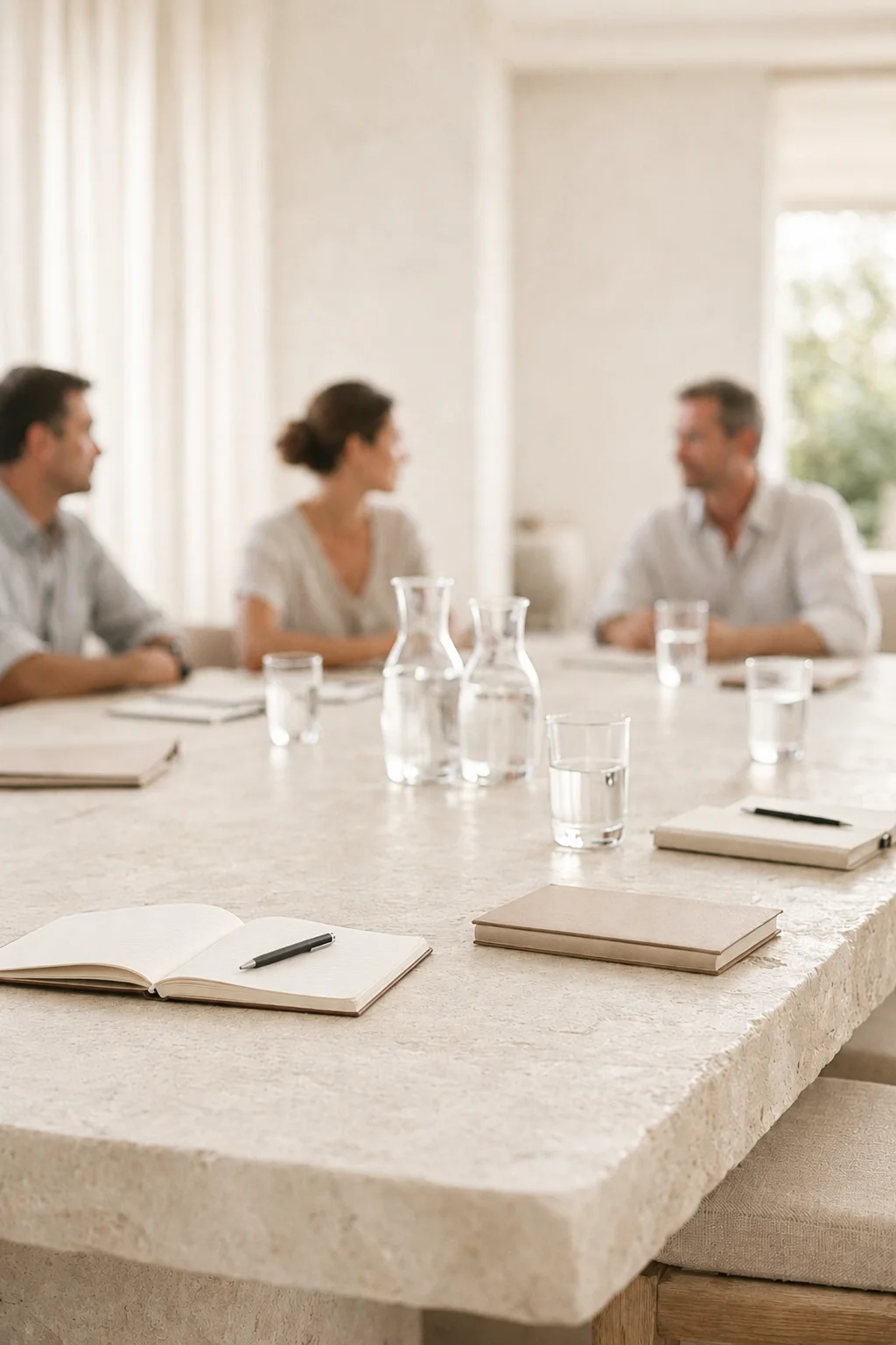 Hospitality leaders engaged in a strategic discussion around operational priorities and decision-making, reflecting the alignment, accountability, and shared direction required for consistent execution in luxury hospitality.