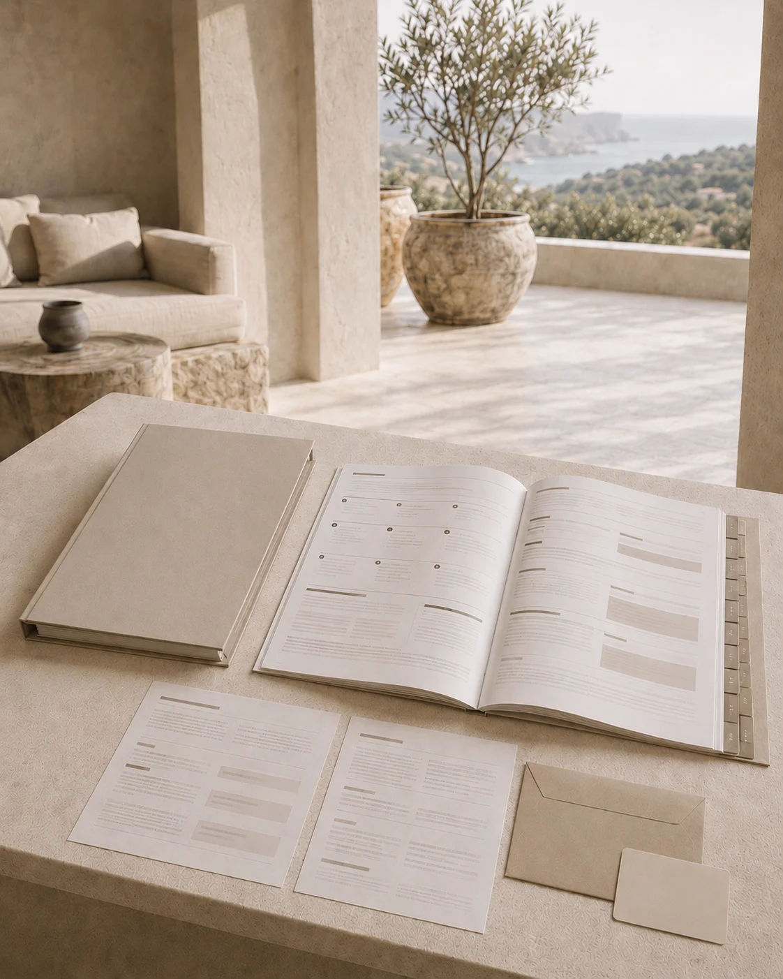 Guest journey assessment materials and hospitality review documentation prepared in a luxury resort setting, illustrating the evaluation of every stage of the guest experience from arrival through departure.
