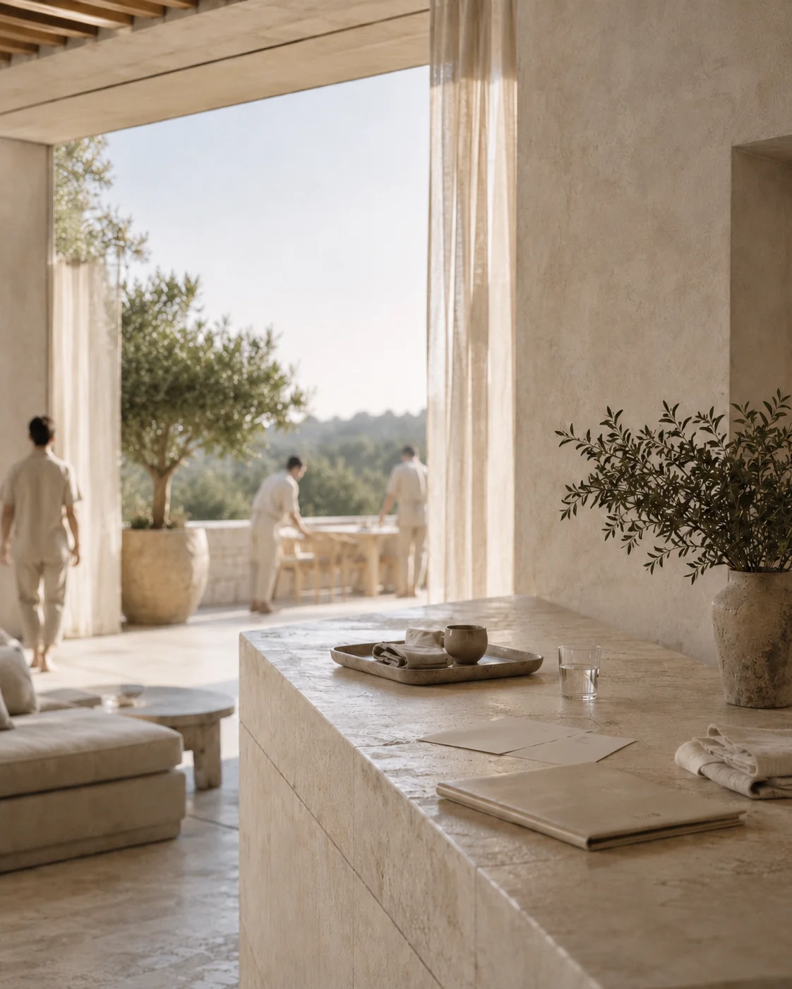 Luxury hospitality environment observed during an operational audit, with guest-facing spaces and service activity visible in the background, illustrating how daily execution, team coordination, and operational consistency are assessed in practice.